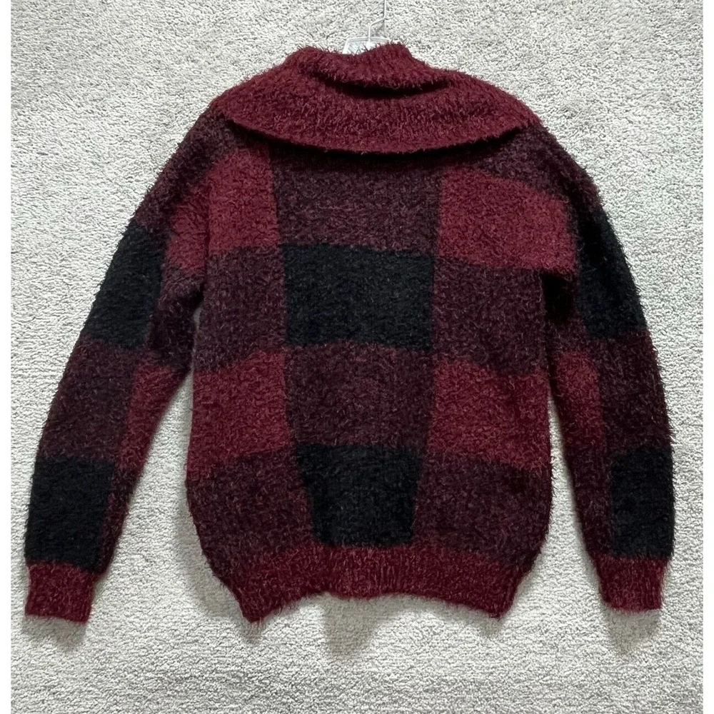 Lee Sweater Women's Medium Black Red Plaid Cowl Neck Pullover Block Jumbo Square